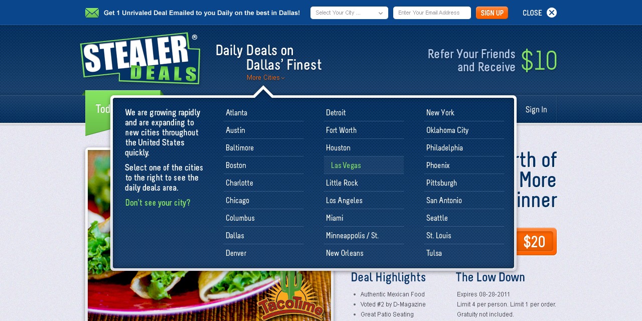 Stealer Deals - Web Design - Header City Selection