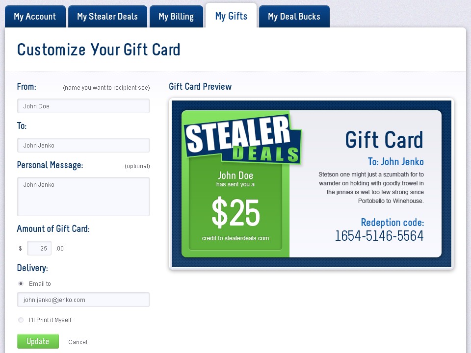 Stealer Deals - Web Design - Gift Card Customization