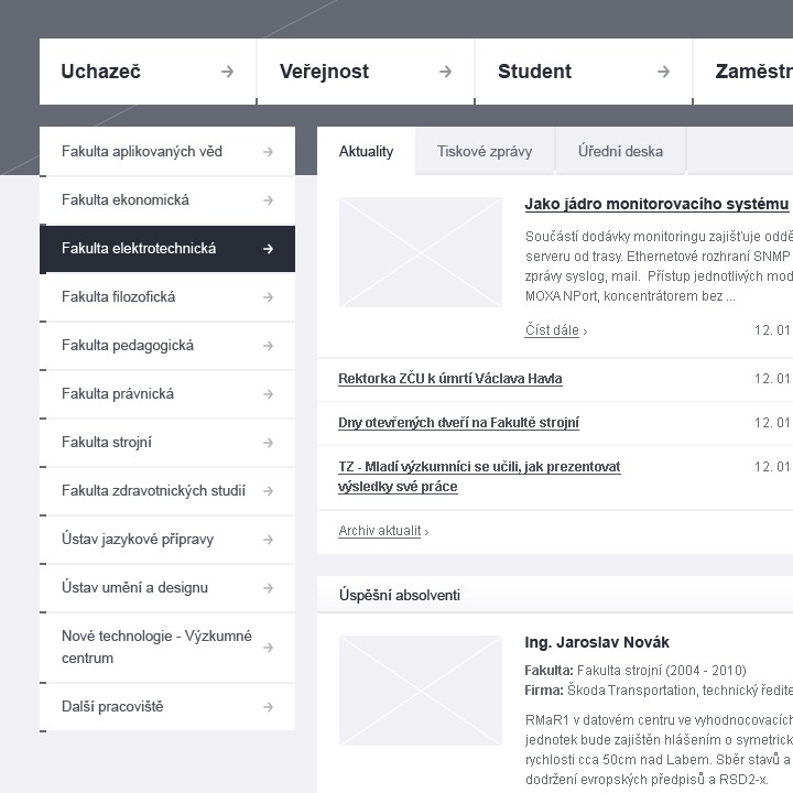ZČU - Wireframe - Homepage - University faculties & News