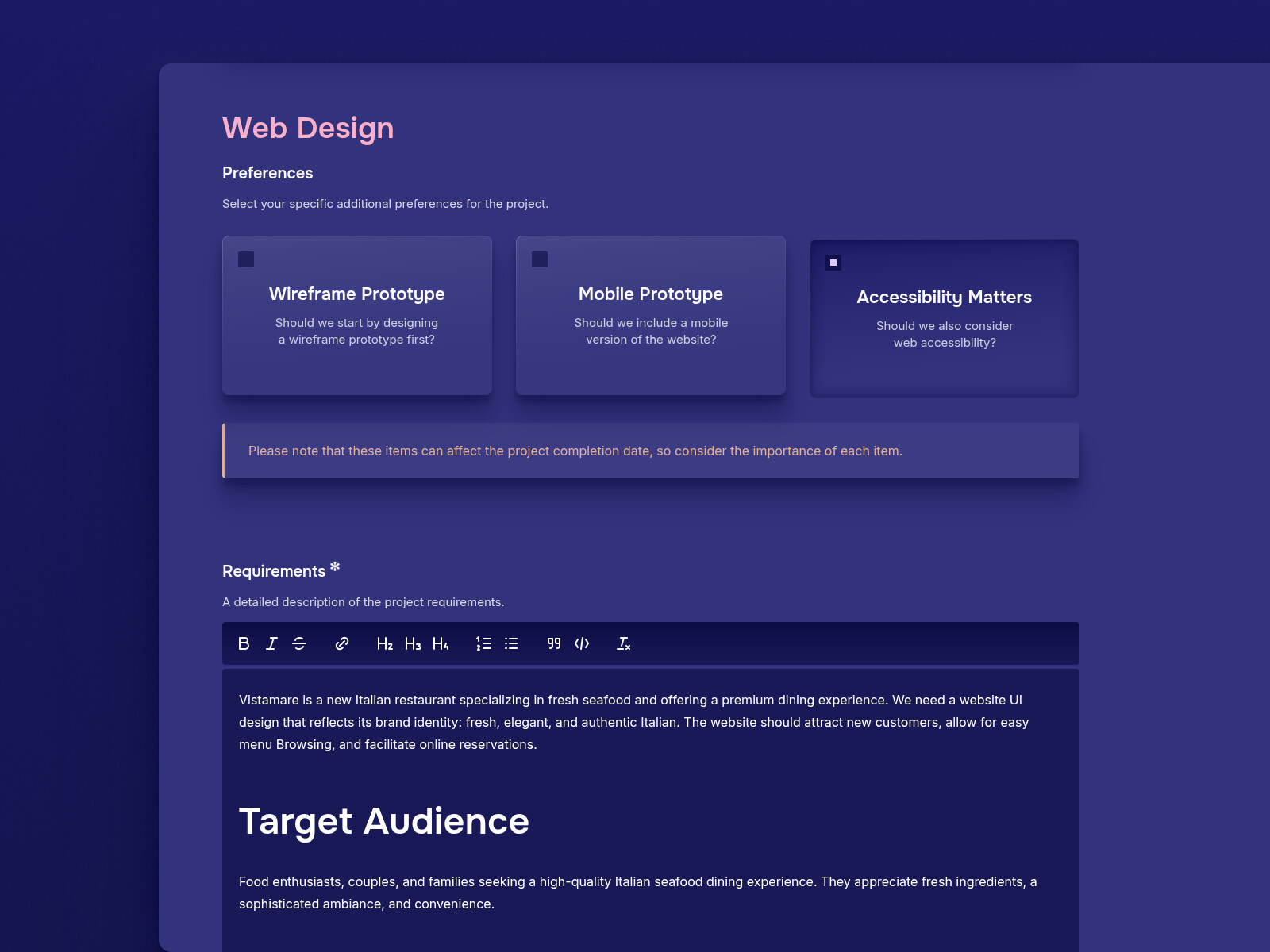 Add a Web Design or Web Development Project Preferences through the Partner Account on the WDSGN.Agency