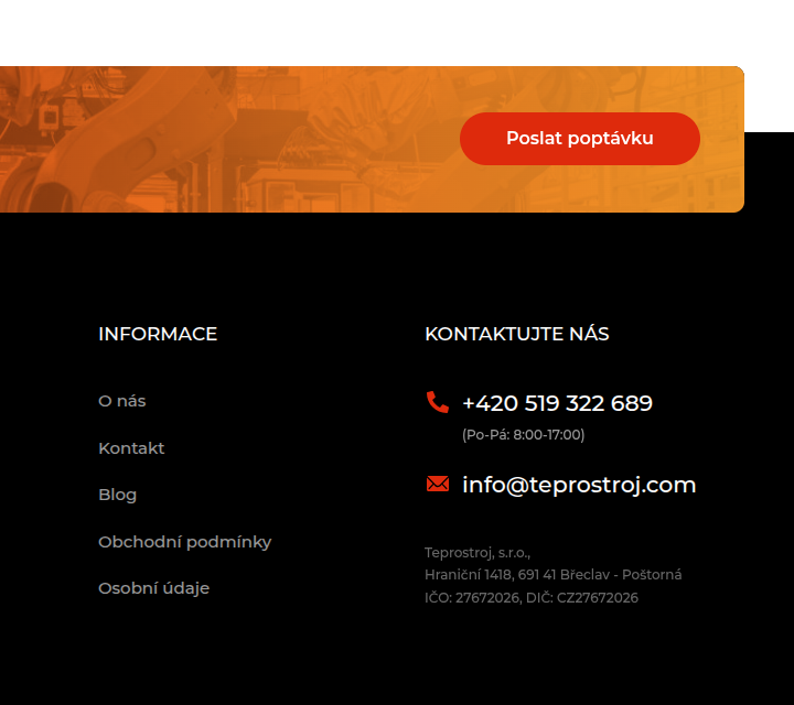 Teprostroj - Web Development - Inquiry & Footer Links